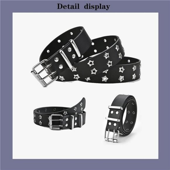 Gothic Star Rivet PU Leather Belt Double Buckle Y2K Studded Jeans Belt - Picture 4 of 7